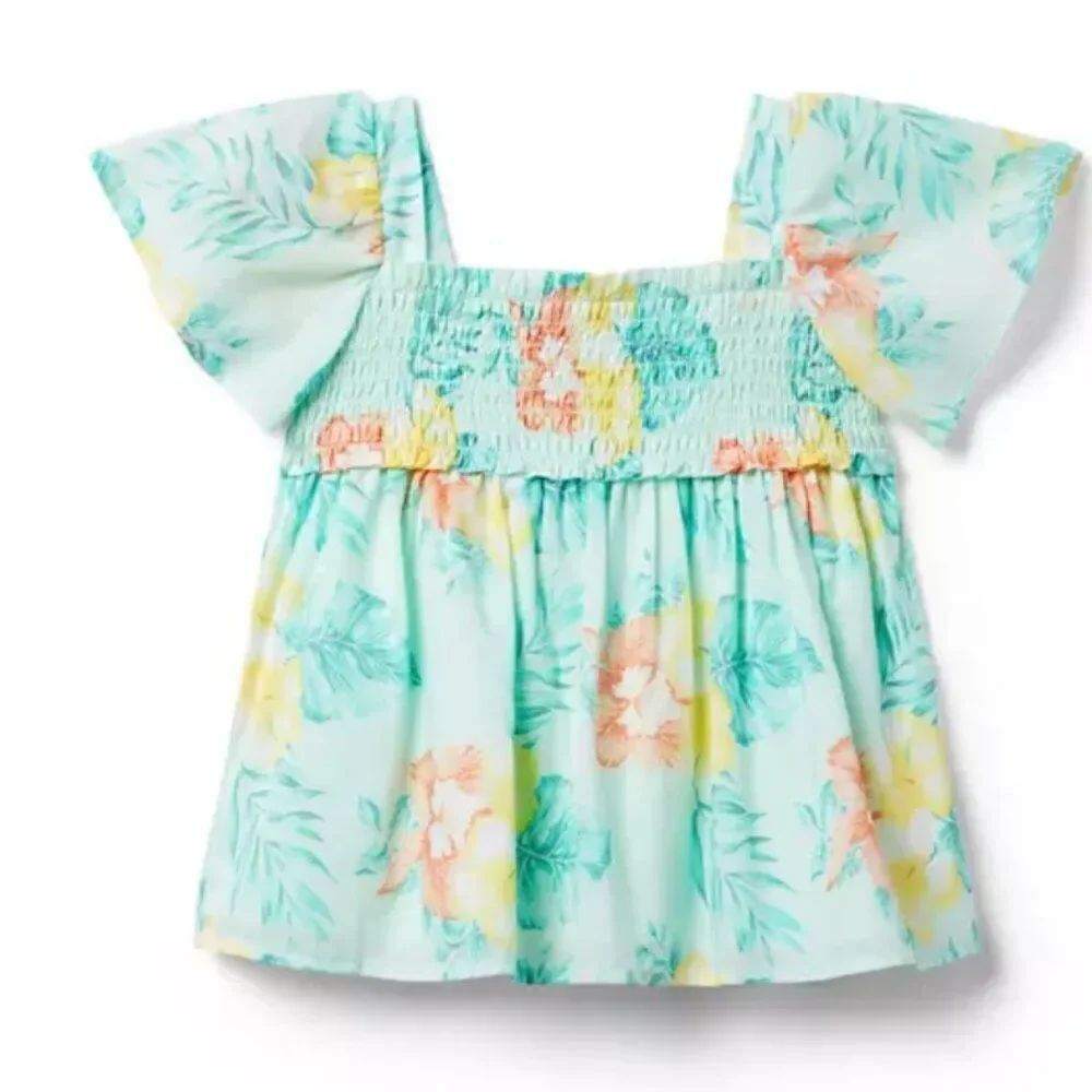 Janie and Jack 100048749 Hibiscus Smocked Flutter Sleeve Top NWT